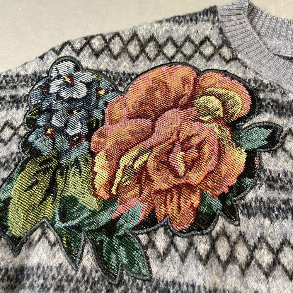 Pilcro Sweater Womens Small Gray Merino Wool Floral Applique Fair Isle Crewneck - Picture 3 of 10